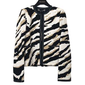 NWT $2200 Gucci City Chic Jacket Tiger Print Cotton Leather Collarless IT 38 XS